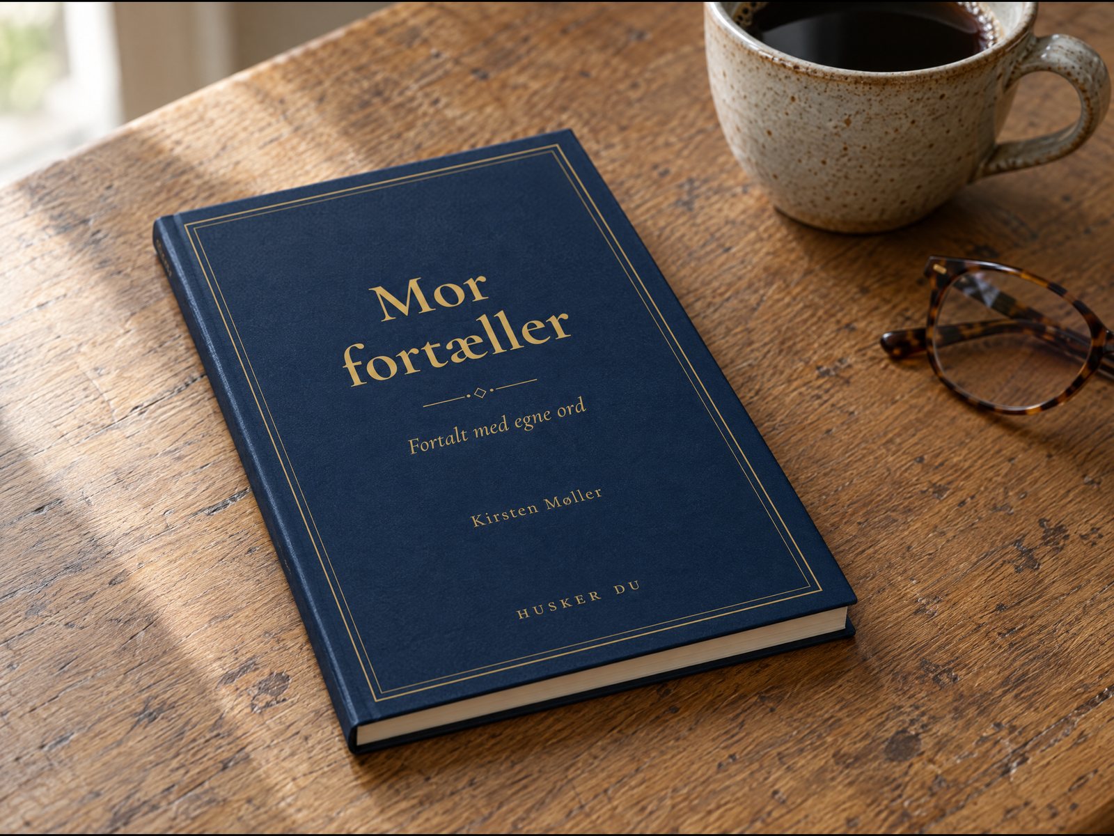 Illustration af omslaget med relationen som titel, fx „Mor fortæller“. Jeres bog får jeres egen titel og fortællerens navn.