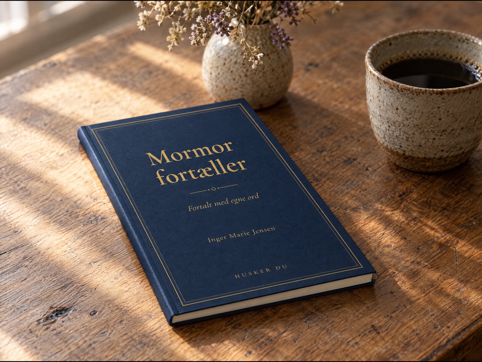 Illustration af omslaget „Mormor fortæller“ på et træbord med kaffe. Jeres bog får jeres egen titel og fortællerens navn.